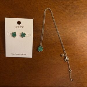 J. Crew Green Clover Earrings and Necklace Set